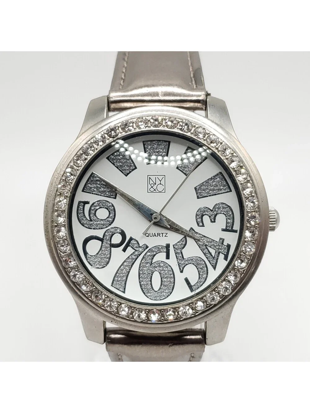 NY&C Quartz Watch Womens 40mm Silver Tone Rhinestone Bezel New Battery